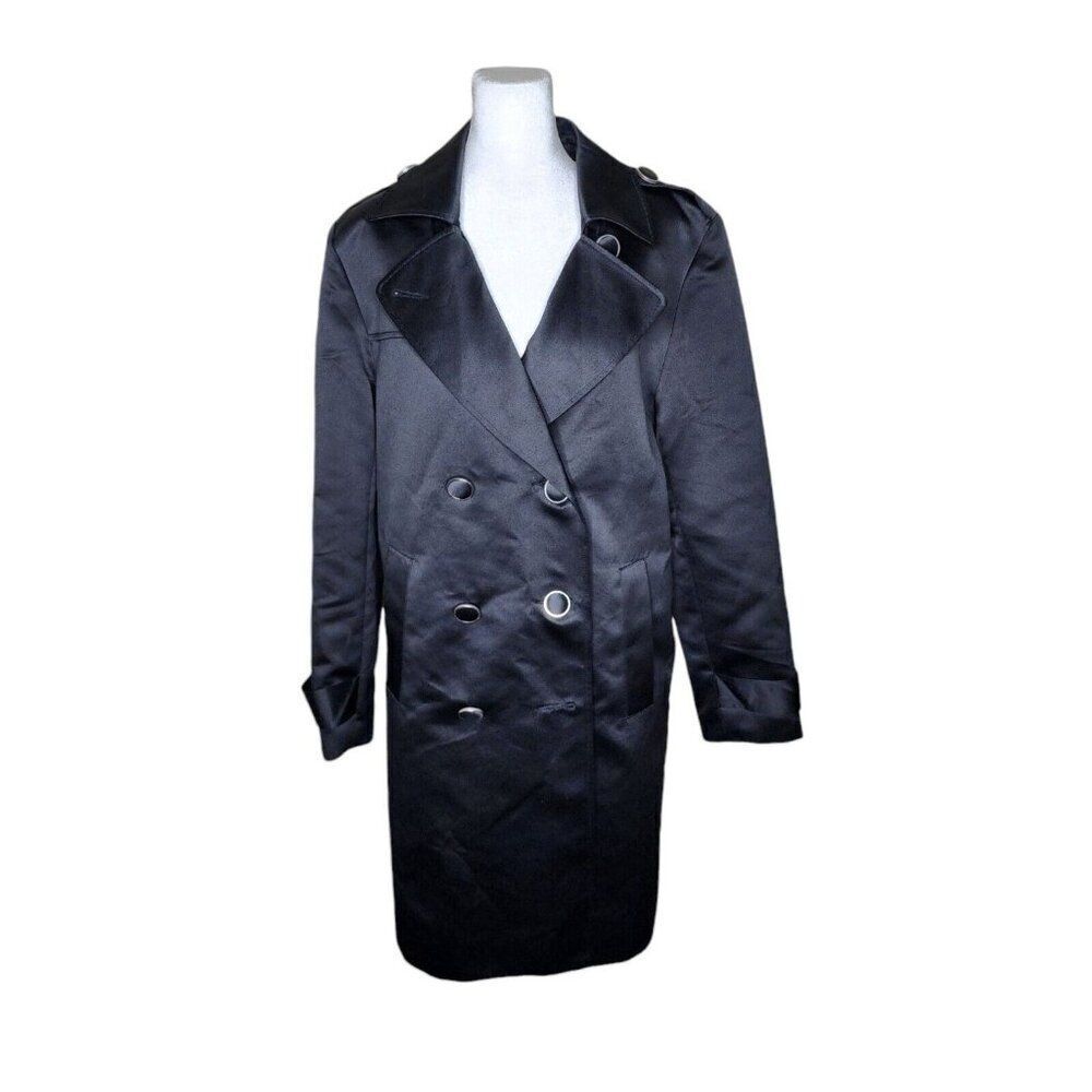 Vintage 90s Bob Mackie Wearable Art Satin Double Breasted Coat Women M Black